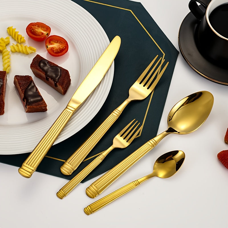 5pcs Stainless Steel Roman Pillar Shaped Golden and Silver Flatware Set with Polished Finish for Valentine'S Day, Father'S Day, Mother'S Day, Oktoberfest, St. Nicholas Day