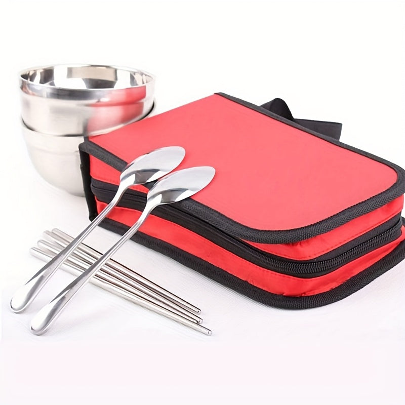 Stainless Steel Tableware Set, Suitable for Outdoor Travel and Camping, Portable Two Person Tableware, Including Chopsticks, Spoons, Bowls, Easy to Carry, 201 Stainless Steel Structure