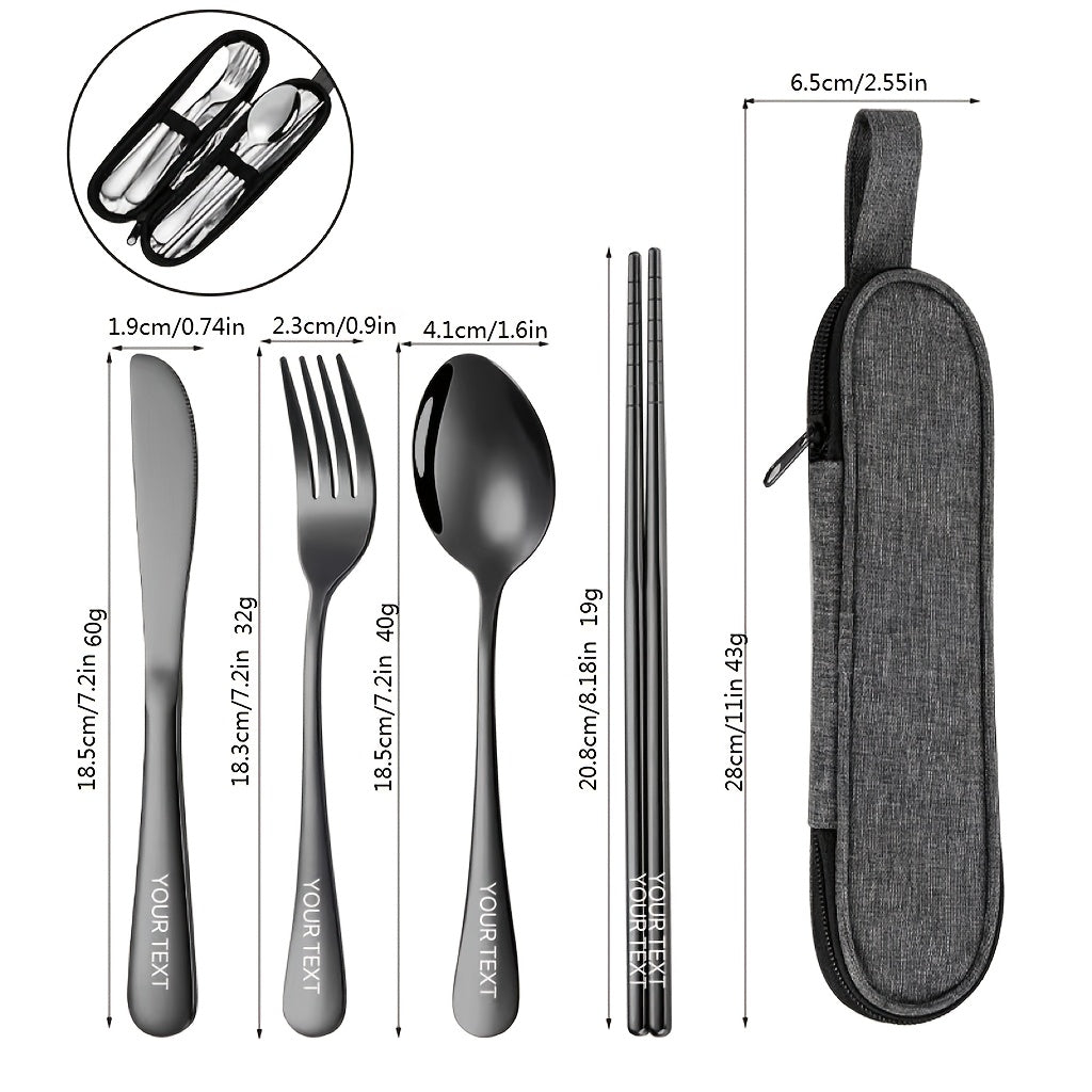 Customized 4pcs Stainless Steel Knife, Fork and Spoon Set Stainless Steel Knife, Fork and Spoon Black Tableware Four Piece Set Outdoor Travel Knife and Fork Portable Storage Bag Outdoor Picnic Family Reusable Tableware Silver Black