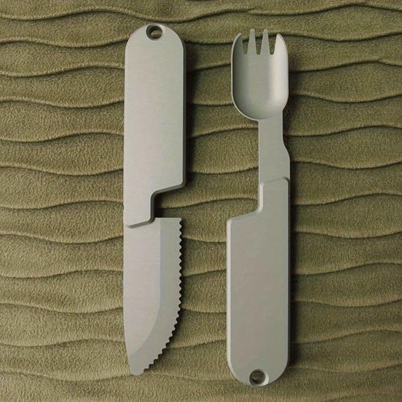 3pcs Portable 2-in-1 Aluminum Camping Cutlery Set - Lightweight, Durable & Compact Design for Outdoor Activities, Fishing, and Travel - Includes Knife, Fork, and Spoon with Polished Finish, Camping Accessories
