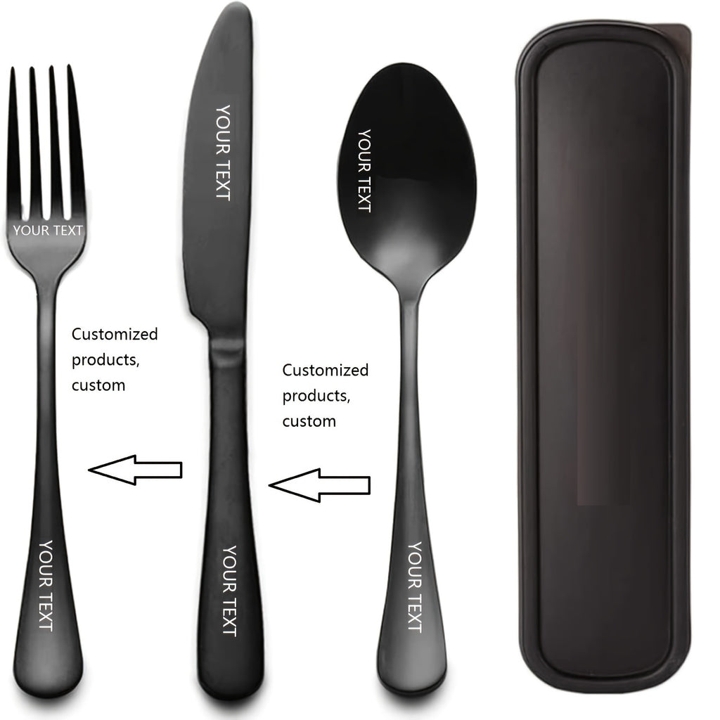 Personalized stainless steel tableware set, customized engraved names, reusable tableware sets for blessings, birthdays, black and Golden, travel silverware set, suitable for home offices, schools, camping