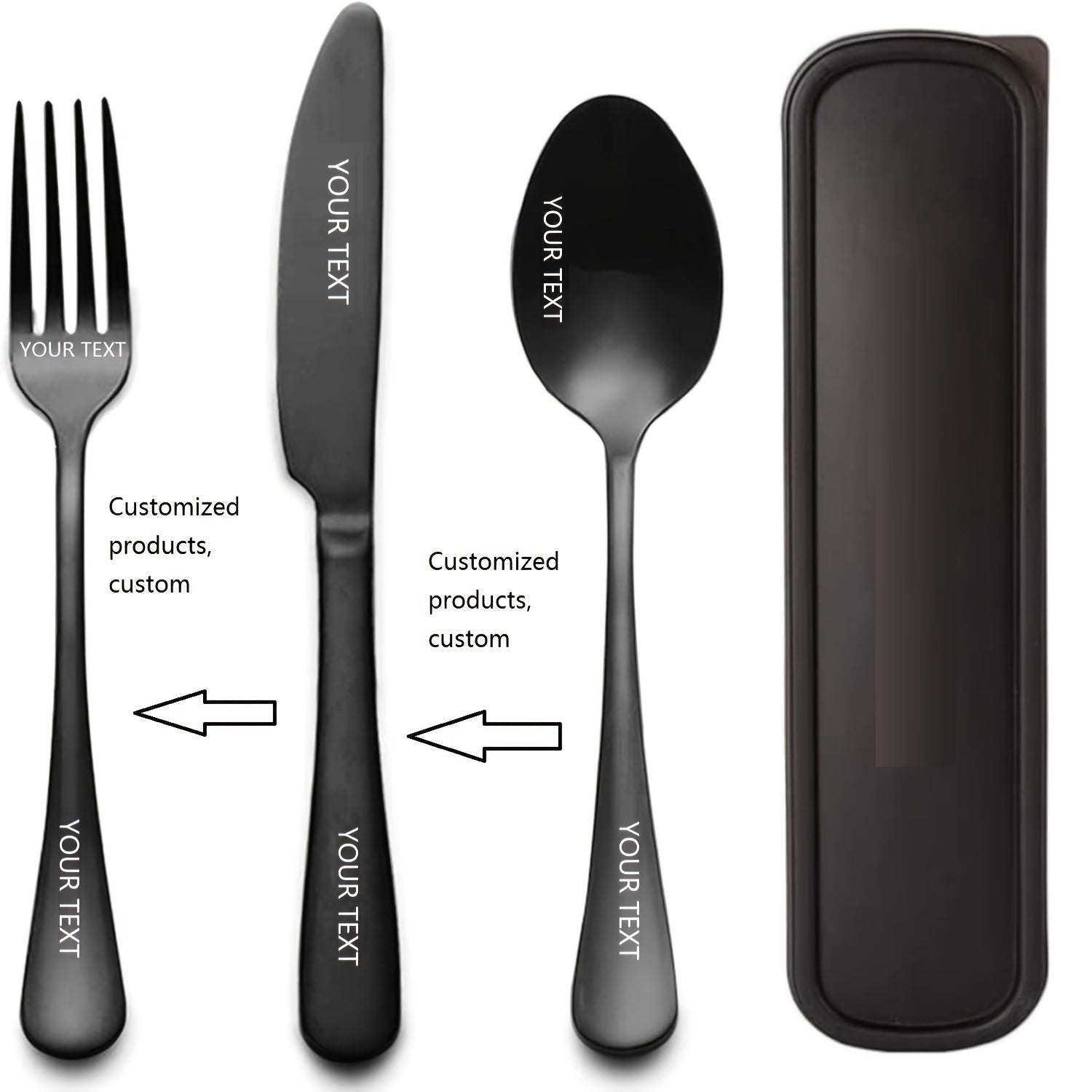 Personalized stainless steel tableware set, customized engraved names, reusable tableware sets for blessings, birthdays, black and Golden, travel silverware set, suitable for home offices, schools, camping
