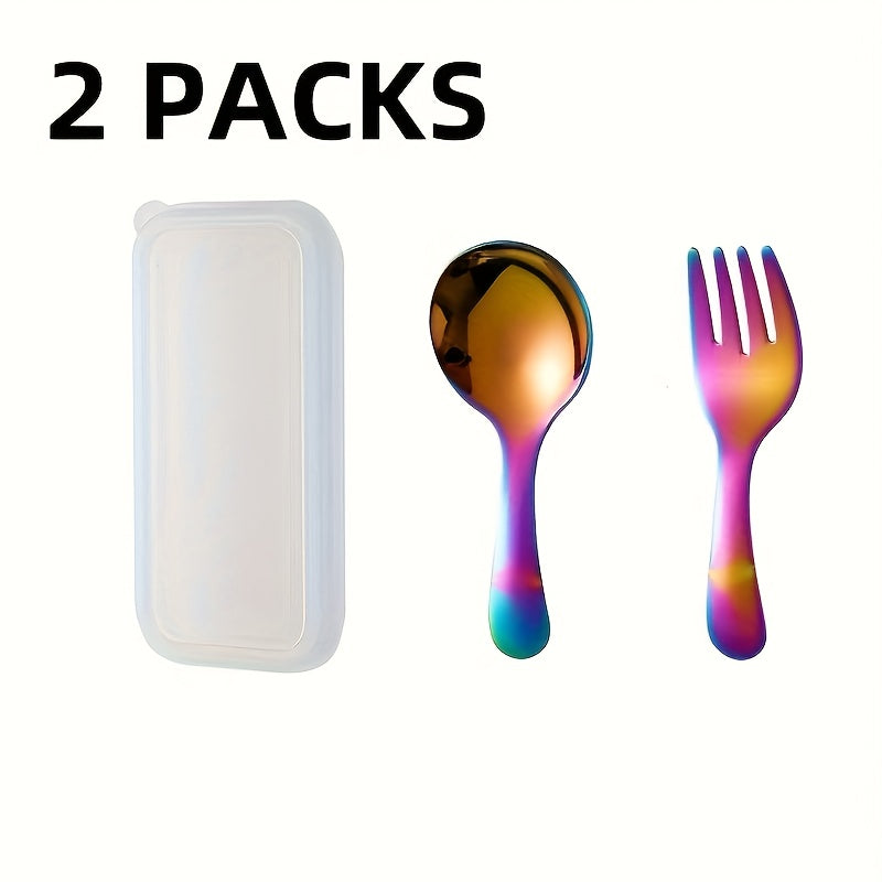 Set of 6pcs in 2 Packs of 304 Stainless Steel Cutlery with a Case - Convenient Fork And Spoon Set Ideal for Gatherings, Travel, And Picnics - Versatile Round-Headed Utensils Suitable for Ice Cream, Cake, Fruit, And As a Festival Gift.