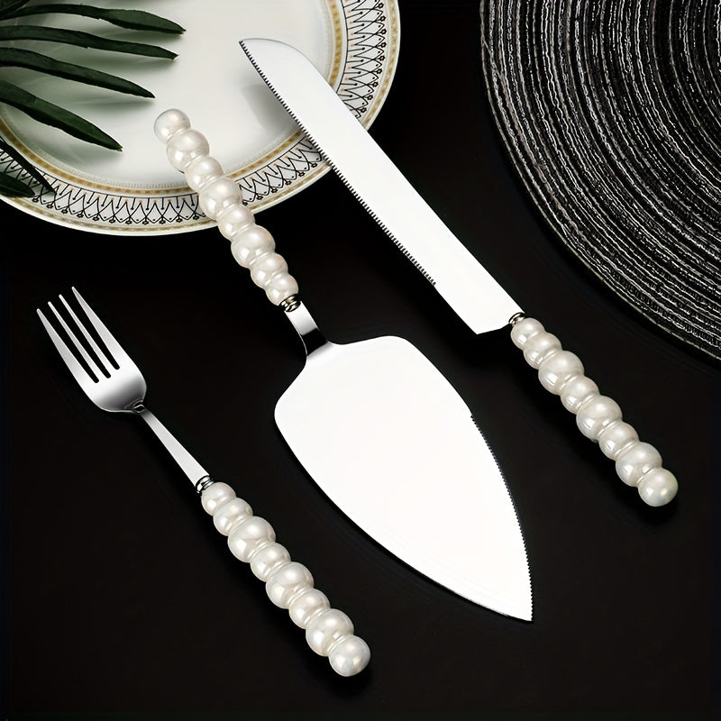 Personalized And Elegant Stainless Steel Cutlery Set with Pearl Ceramic Handle -2/4 Cake Knife, Spatula, Fork Set with Gift Box, Suitable for Kitchen, Home, Restaurant, Hotel - Perfect for Parties, Birthdays, Weddings, Gifting, Golden And Silvery