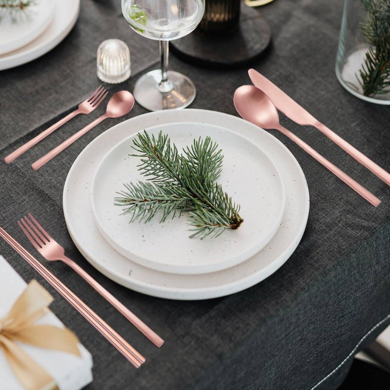 8pcs Stainless Steel Flatware Set - Rose Golden Portable Reusable Travel Cutlery with Elegant Rose Golden Design, Compact & Lightweight Utensil Set with Cleaning Brush, Dishwasher Safe - Fork, Knife, Spoon, Chopsticks, Straw & Case for Camping, Office,