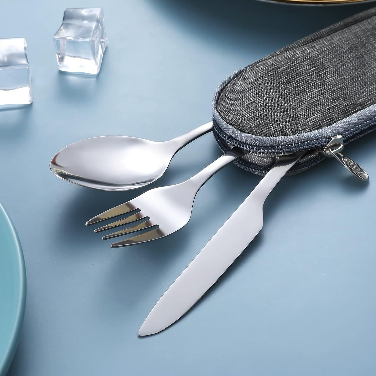 Portable Utensils, Travel Camping Cutlery Set, Portable Stainless Steel Flatware Set, Travel Silverware Dinnerware Set with a Waterproof Case ( 2- Sets Silvery)