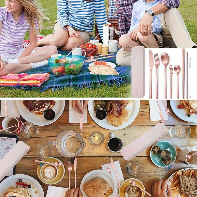 8pcs Stainless Steel Flatware Set - Rose Golden Portable Reusable Travel Cutlery with Elegant Rose Golden Design, Compact & Lightweight Utensil Set with Cleaning Brush, Dishwasher Safe - Fork, Knife, Spoon, Chopsticks, Straw & Case for Camping, Office,