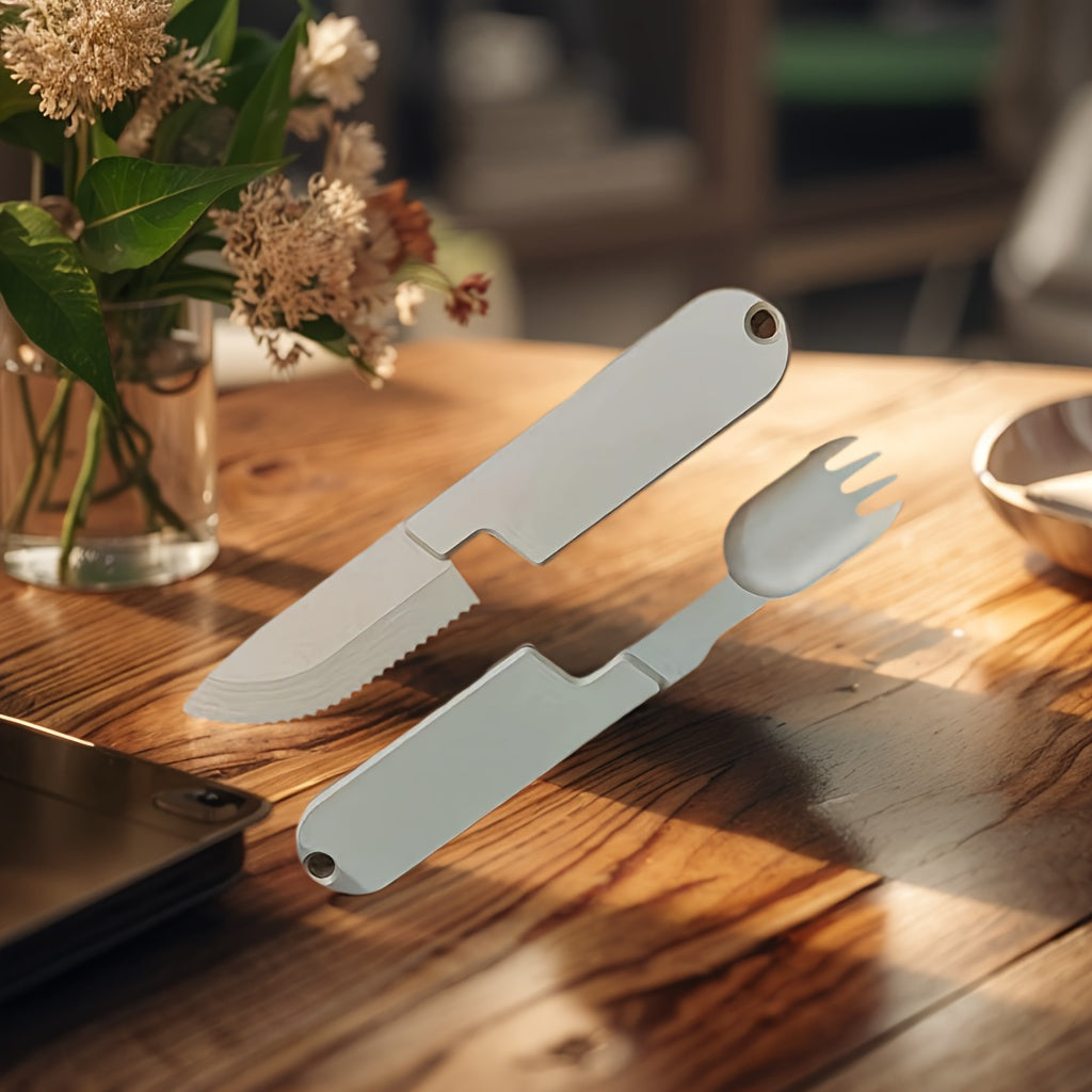 Outdoor Camping Portable Stainless Steel 2-in-1 Camping Cutlery Knife and Fork Set, Exquisite and Compact, Perfect for Outdoor BBQ Cooking