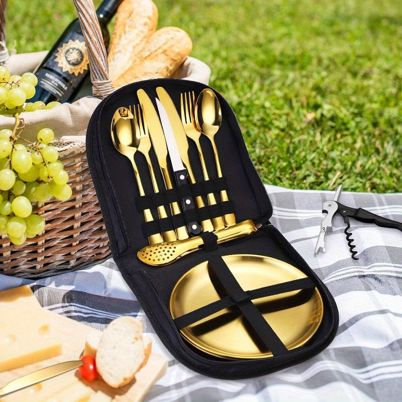 Camping Silverware Kit Cutlery Organizer Utensil Picnic Set Stainless Steel Plate Spoon Clip and Serrated Knife Wine Opener Fork Napkin Hiking - Camp Kitchen BBQu2019s, Camping Plates And Utensils, Camping Cooking Set, Camping Kitchen Accessories, Camping