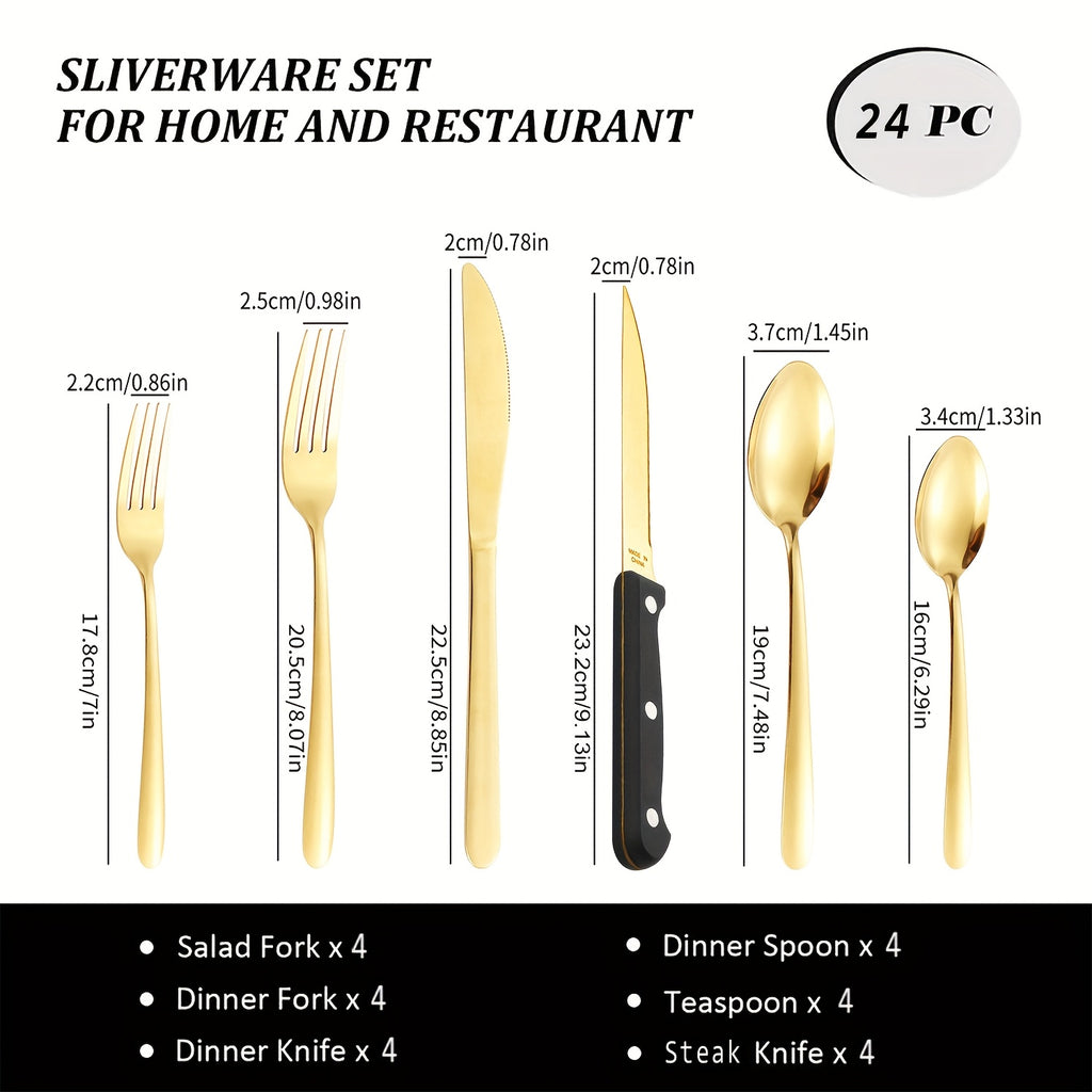 24pcs/48pcs Set Of Golden Stainless Steel Cutlery Set With Steak Knife, Smooth Cutting, Polished Process, Suitable For Restaurants, Hotels, Families, Outdoor Activities, Can Be Used In Dishwashers, Christmas, Father'S Day, Birthday Party Gift