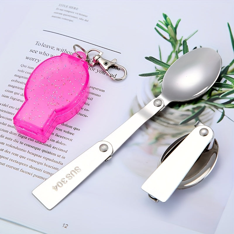 Personalized 304 Stainless Steel Folding Tableware with Keychain - Compact, Portable Fork and Spoon Set, Reusable, Ideal for Outdoor, Camping, Picnic - Blue, Pink, Orange, Camping Essentials|Compact Tableware|Durable Tableware