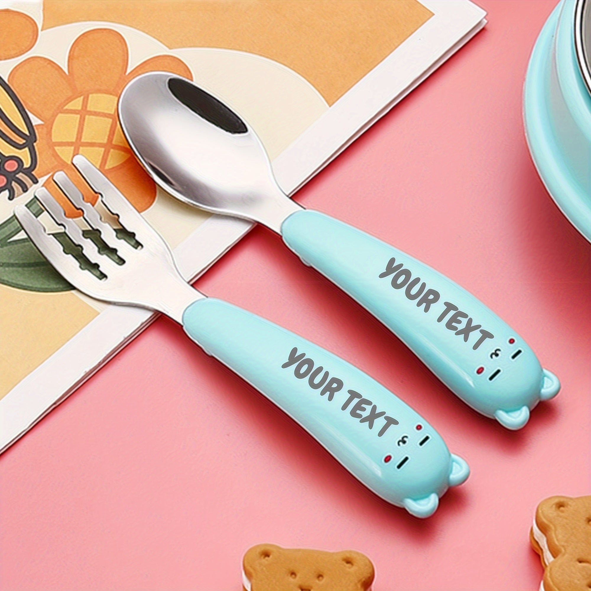 Personalised Engraved Name Stainless Steel Cutlery 2pcs Set Set, Solid Colour with Little Ears, Cute and Simple