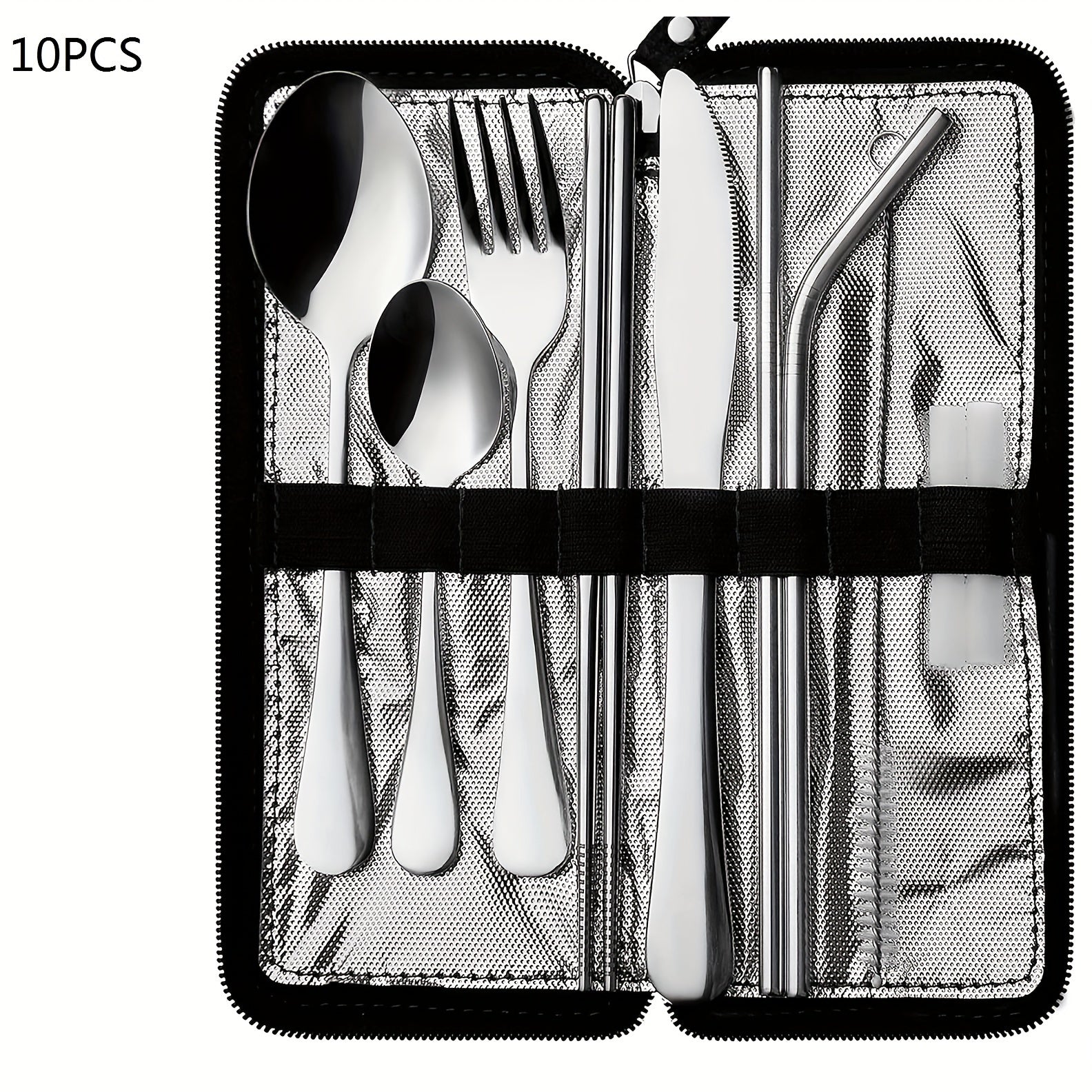 Portable travel cutlery, reusable cutlery with fixed cutlery box, including chopsticks, straws, knives, forks, spoons, straw brushes, 9pcs stainless steel cutlery set, black, Golden, Silvery