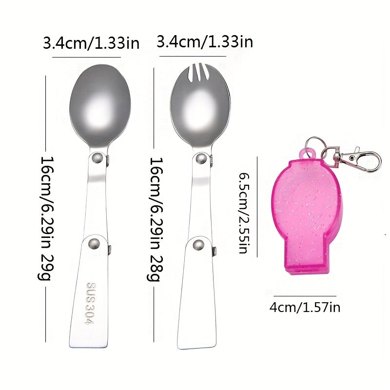 Personalized 304 Stainless Steel Folding Tableware with Keychain - Compact, Portable Fork and Spoon Set, Reusable, Ideal for Outdoor, Camping, Picnic - Blue, Pink, Orange, Camping Essentials|Compact Tableware|Durable Tableware