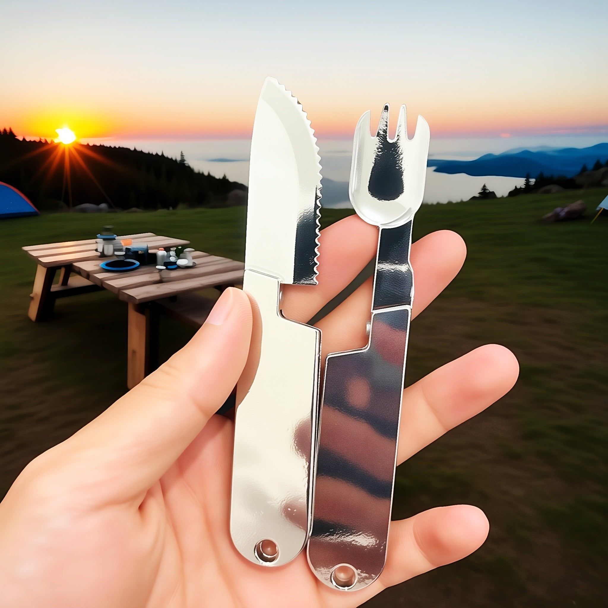 Outdoor Camping Portable Stainless Steel 2-in-1 Camping Cutlery Knife and Fork Set, Exquisite and Compact, Perfect for Outdoor BBQ Cooking