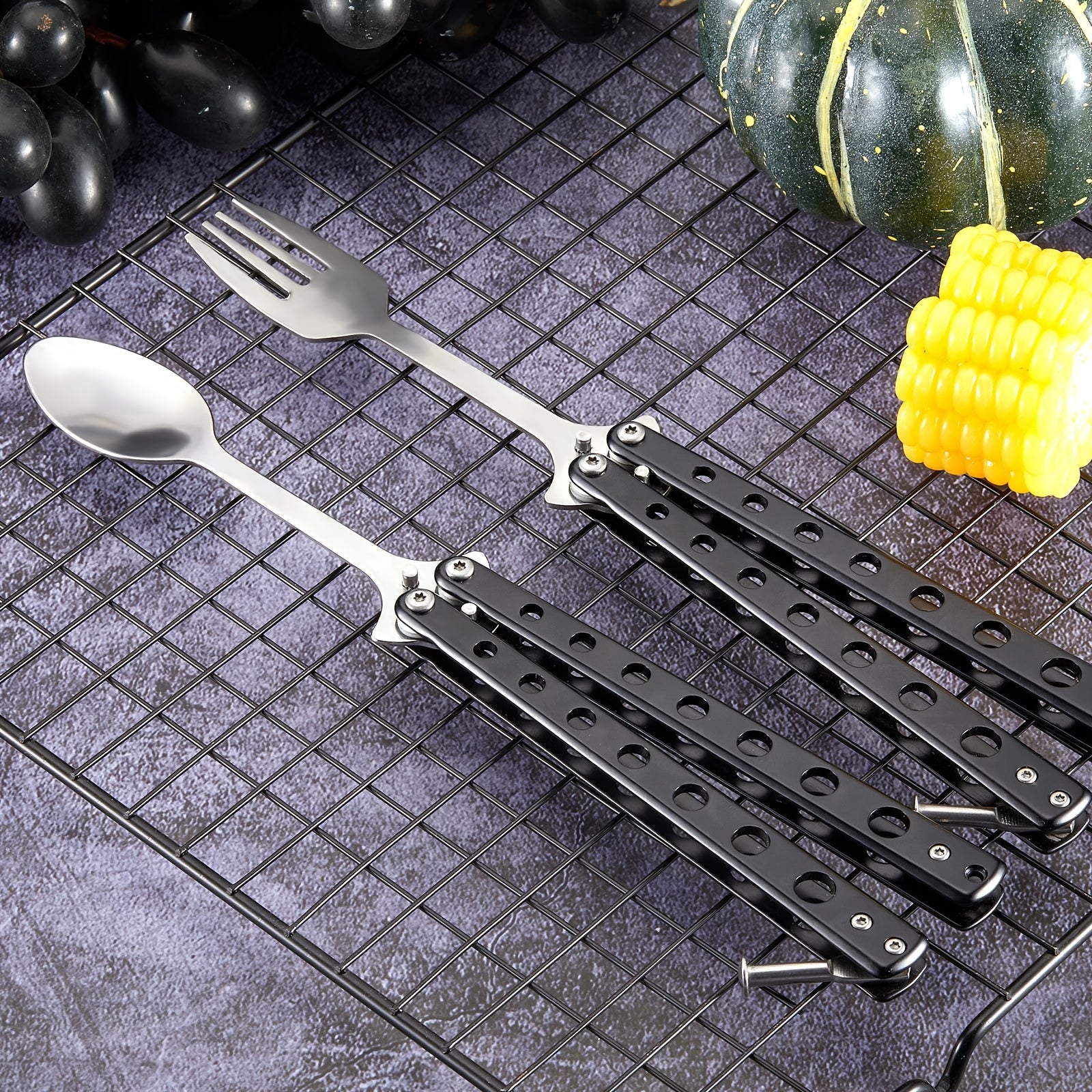 2pcs Tactical Butterfly Fork and Spoon Set - Stainless Steel Folding Utensils with Ergonomic Handles, Compact Travel-Friendly Design for Camping, Hunting, BBQ, Kitchen - Durable & Portable (Black), Camping Essentials, Sleek Metallic Finish, Highquality