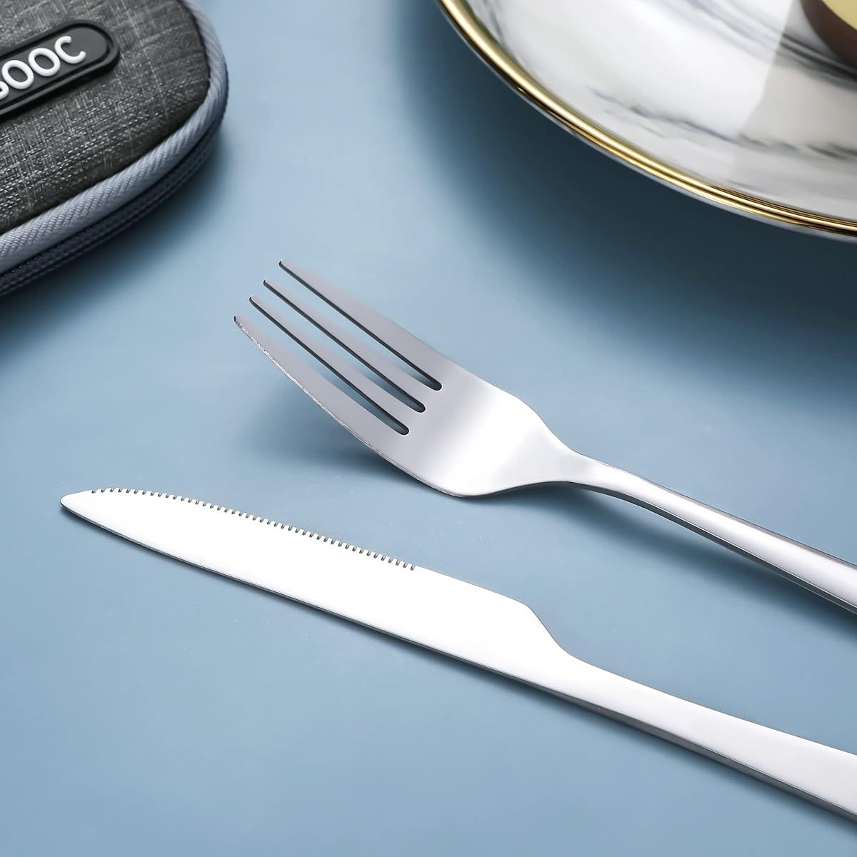Portable Utensils, Travel Camping Cutlery Set, Portable Stainless Steel Flatware Set, Travel Silverware Dinnerware Set with a Waterproof Case ( 2- Sets Silvery)