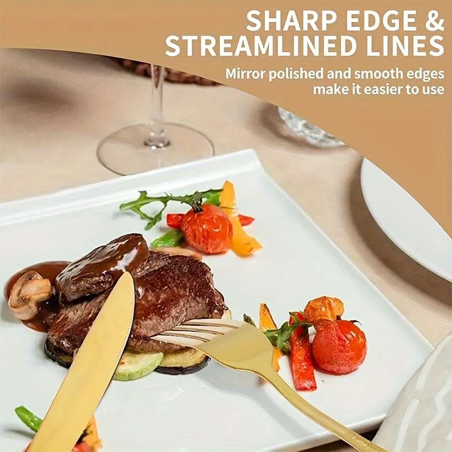 24pcs/48pcs Set Of Golden Stainless Steel Cutlery Set With Steak Knife, Smooth Cutting, Polished Process, Suitable For Restaurants, Hotels, Families, Outdoor Activities, Can Be Used In Dishwashers, Christmas, Father'S Day, Birthday Party Gift