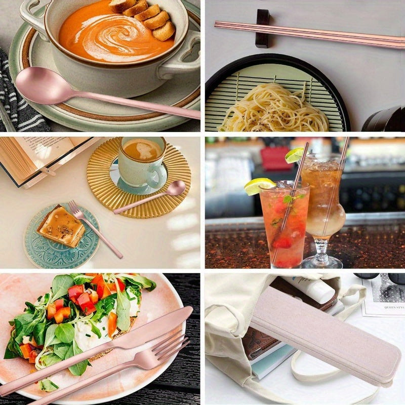 8pcs Stainless Steel Flatware Set - Rose Golden Portable Reusable Travel Cutlery with Elegant Rose Golden Design, Compact & Lightweight Utensil Set with Cleaning Brush, Dishwasher Safe - Fork, Knife, Spoon, Chopsticks, Straw & Case for Camping, Office,
