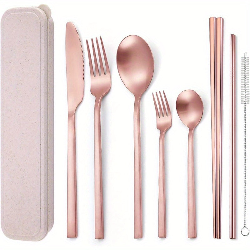 8pcs Stainless Steel Flatware Set - Rose Golden Portable Reusable Travel Cutlery with Elegant Rose Golden Design, Compact & Lightweight Utensil Set with Cleaning Brush, Dishwasher Safe - Fork, Knife, Spoon, Chopsticks, Straw & Case for Camping, Office,