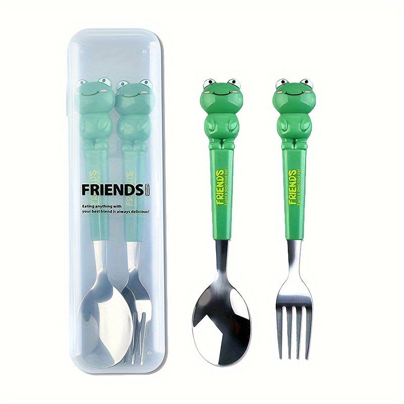 2pc/set Stainless Steel Portable Flatware Set with Cartoon Spoon and Fork, Transparent Reusable Storage Box for Home, School, Picnic, Outdoor Camping