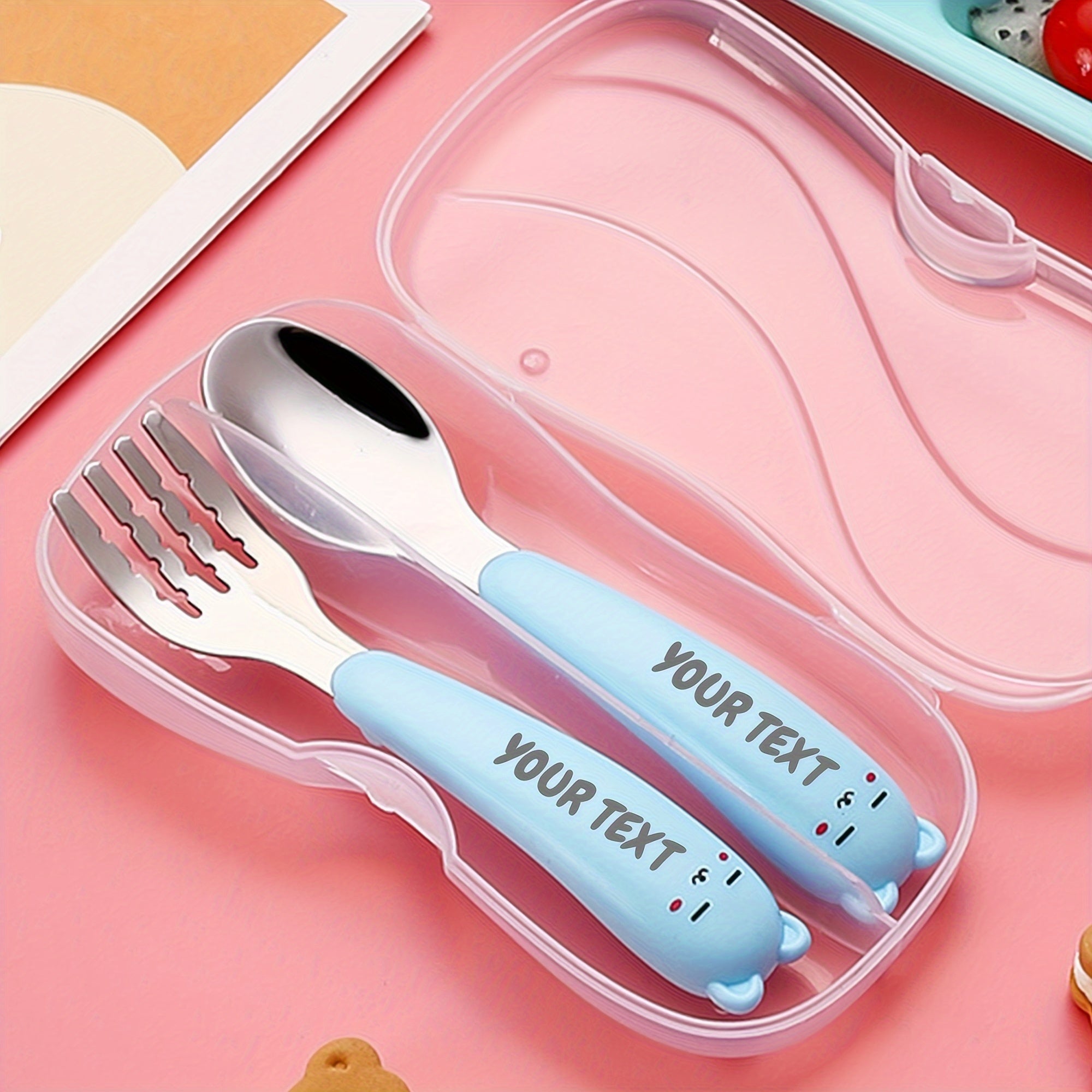 Personalised Engraved Name Stainless Steel Cutlery 2pcs Set Set, Solid Colour with Little Ears, Cute and Simple