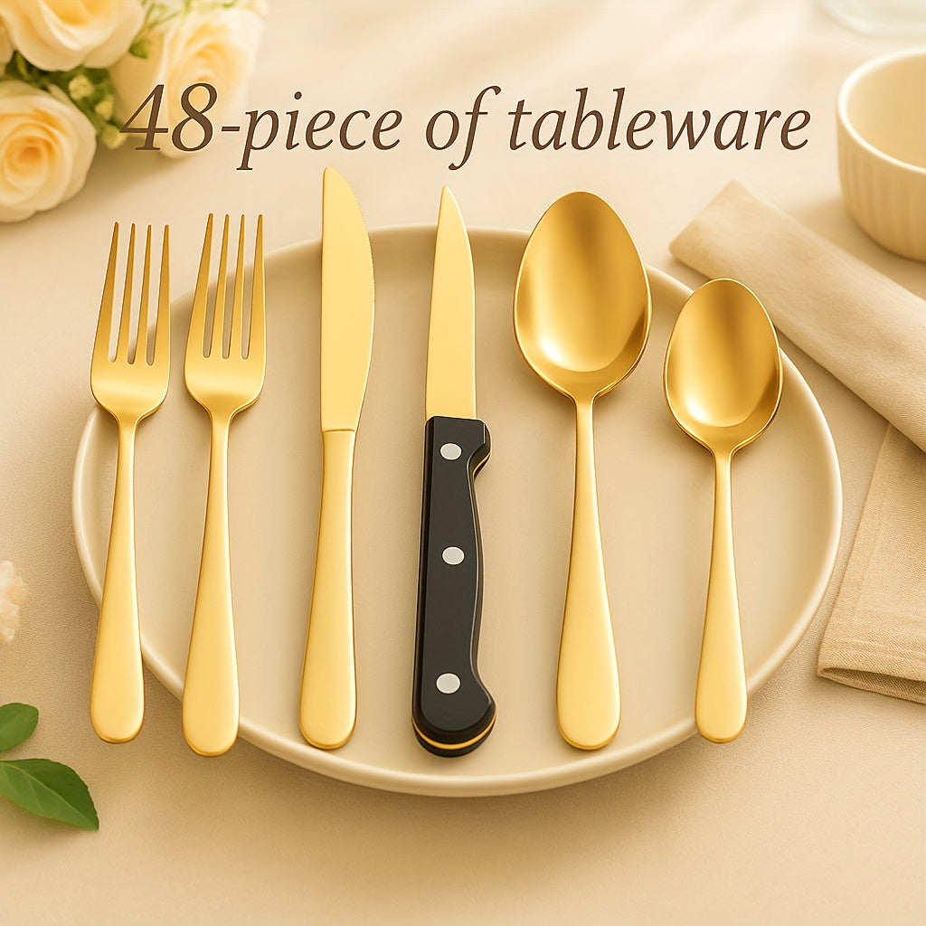 24pcs/48pcs Set Of Golden Stainless Steel Cutlery Set With Steak Knife, Smooth Cutting, Polished Process, Suitable For Restaurants, Hotels, Families, Outdoor Activities, Can Be Used In Dishwashers, Christmas, Father'S Day, Birthday Party Gift