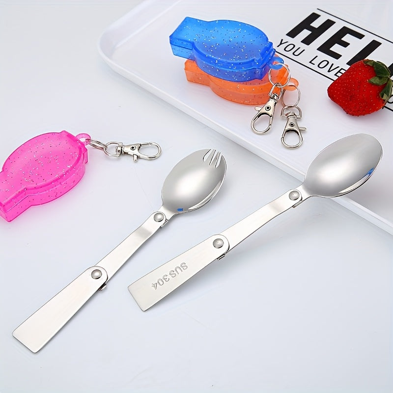 Personalized 304 Stainless Steel Folding Tableware with Keychain - Compact, Portable Fork and Spoon Set, Reusable, Ideal for Outdoor, Camping, Picnic - Blue, Pink, Orange, Camping Essentials|Compact Tableware|Durable Tableware