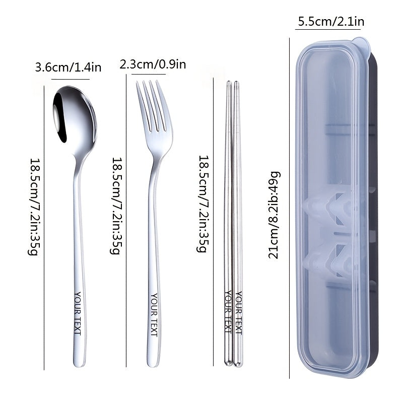 4pcs 304 Stainless Steel Cutlery Set, Customizable Text Name, Portable Fork, Spoon, Chopsticks, Korean Style, Outdoor & Home Use, Ideal Gift for New Year'S Day
