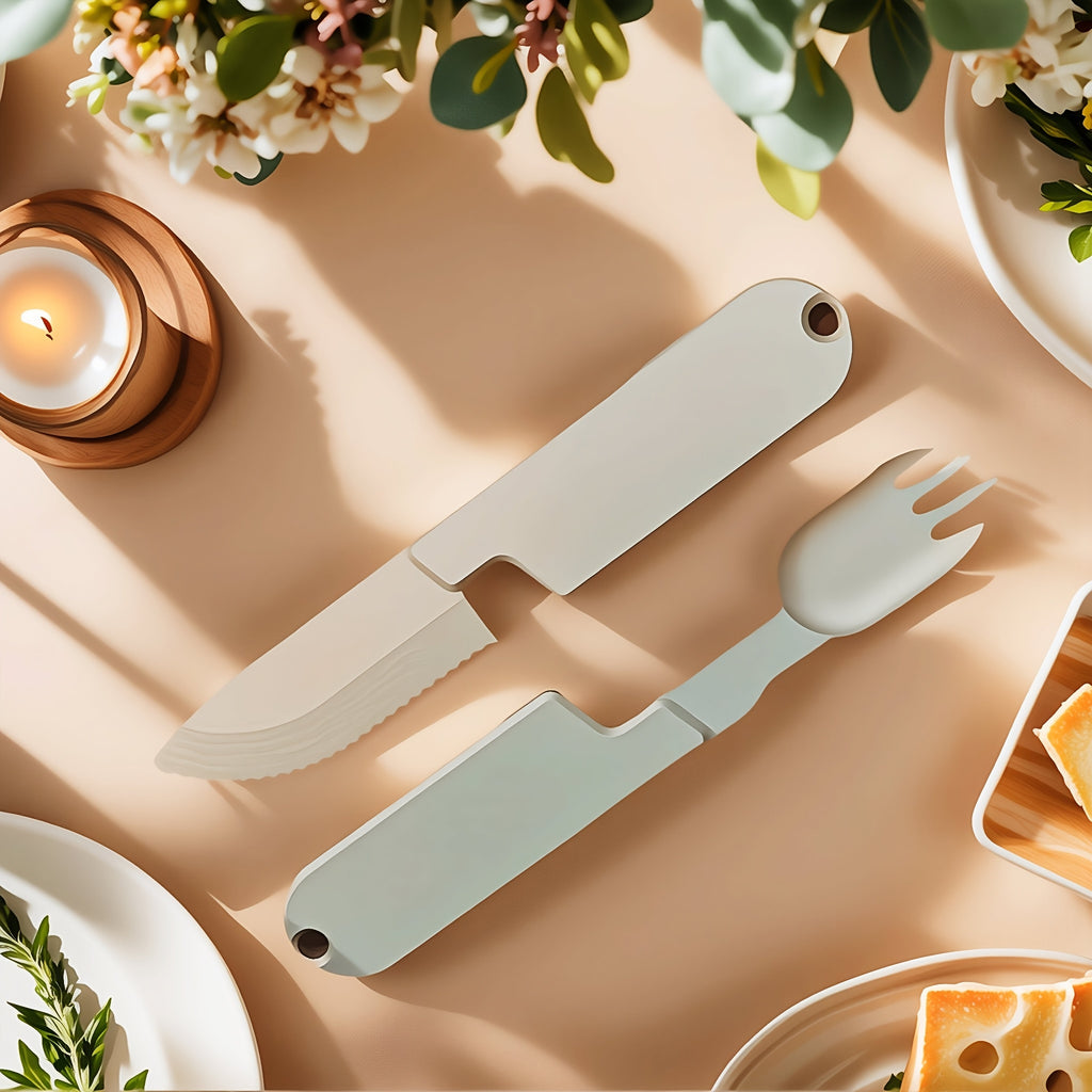 Outdoor Camping Portable Stainless Steel 2-in-1 Camping Cutlery Knife and Fork Set, Exquisite and Compact, Perfect for Outdoor BBQ Cooking