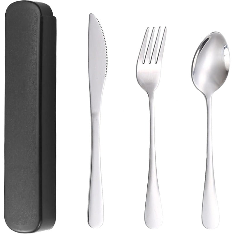 Camping Cutlery Set with Portable Case Stainless Steel Flatware Camping Utensil Set Food Grade Knife Fork Spoon Silverware for Outdoor Travel Picnic Office School Lunch Box Black