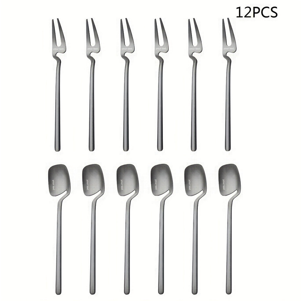 6/12pcs Set of Stainless Steel Spoons, Creative Sandblasting Cup Spoons, Western Knife And Fork Spoons, Dessert Coffee Spoons, Fork Dessert Spoons, Unique Square Spoon, Black Silver Golden