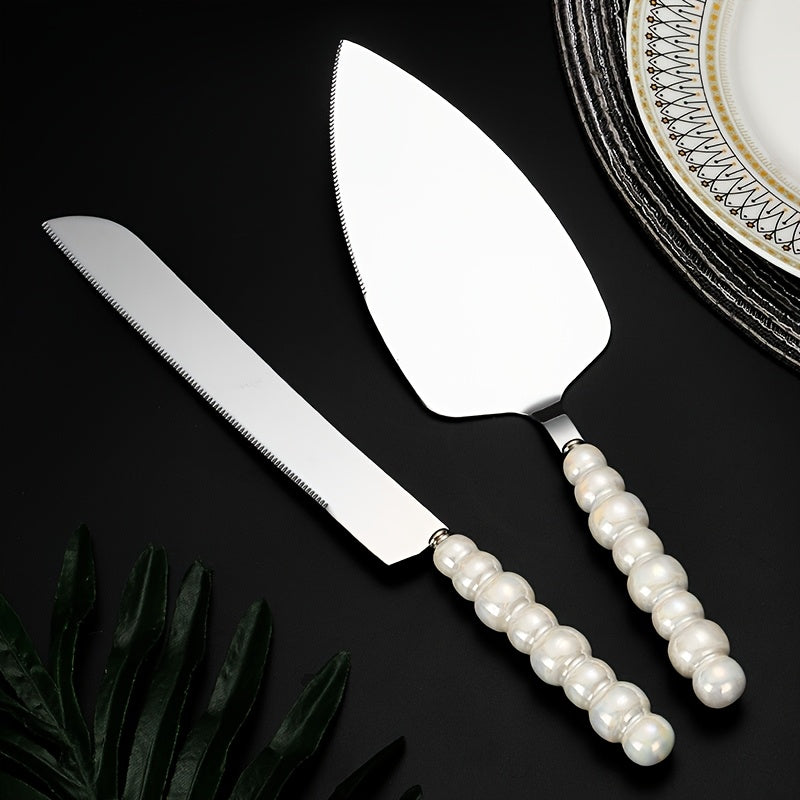 Personalized And Elegant Stainless Steel Cutlery Set with Pearl Ceramic Handle -2/4 Cake Knife, Spatula, Fork Set with Gift Box, Suitable for Kitchen, Home, Restaurant, Hotel - Perfect for Parties, Birthdays, Weddings, Gifting, Golden And Silvery