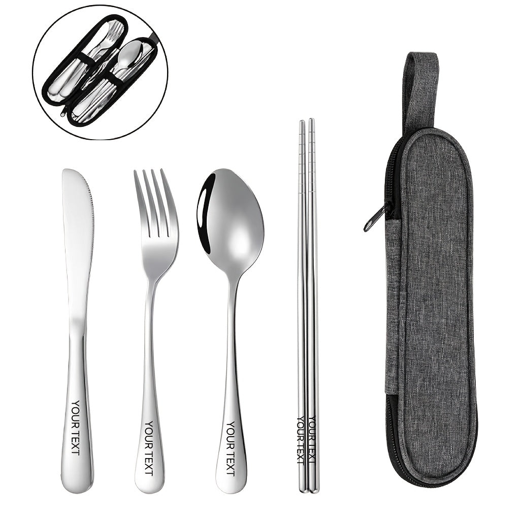 Customized 4pcs Stainless Steel Knife, Fork and Spoon Set Stainless Steel Knife, Fork and Spoon Black Tableware Four Piece Set Outdoor Travel Knife and Fork Portable Storage Bag Outdoor Picnic Family Reusable Tableware Silver Black