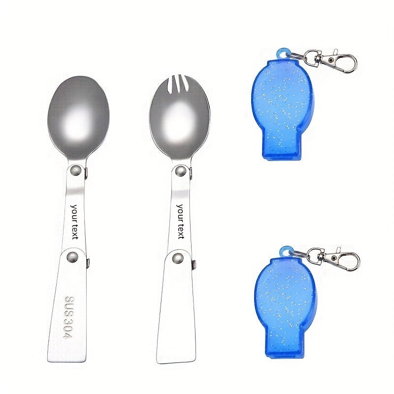 Personalized 304 Stainless Steel Folding Tableware with Keychain - Compact, Portable Fork and Spoon Set, Reusable, Ideal for Outdoor, Camping, Picnic - Blue, Pink, Orange, Camping Essentials|Compact Tableware|Durable Tableware