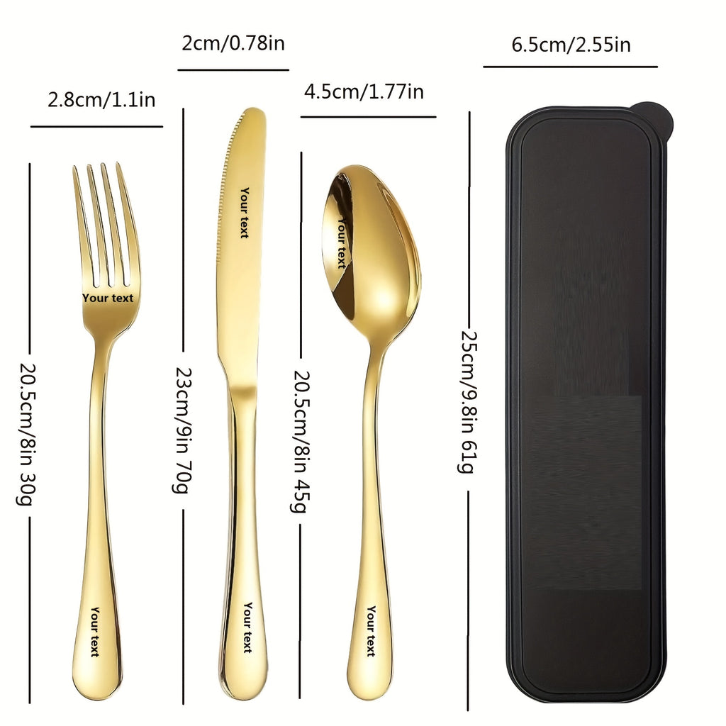 Personalized stainless steel tableware set, customized engraved names, reusable tableware sets for blessings, birthdays, black and Golden, travel silverware set, suitable for home offices, schools, camping