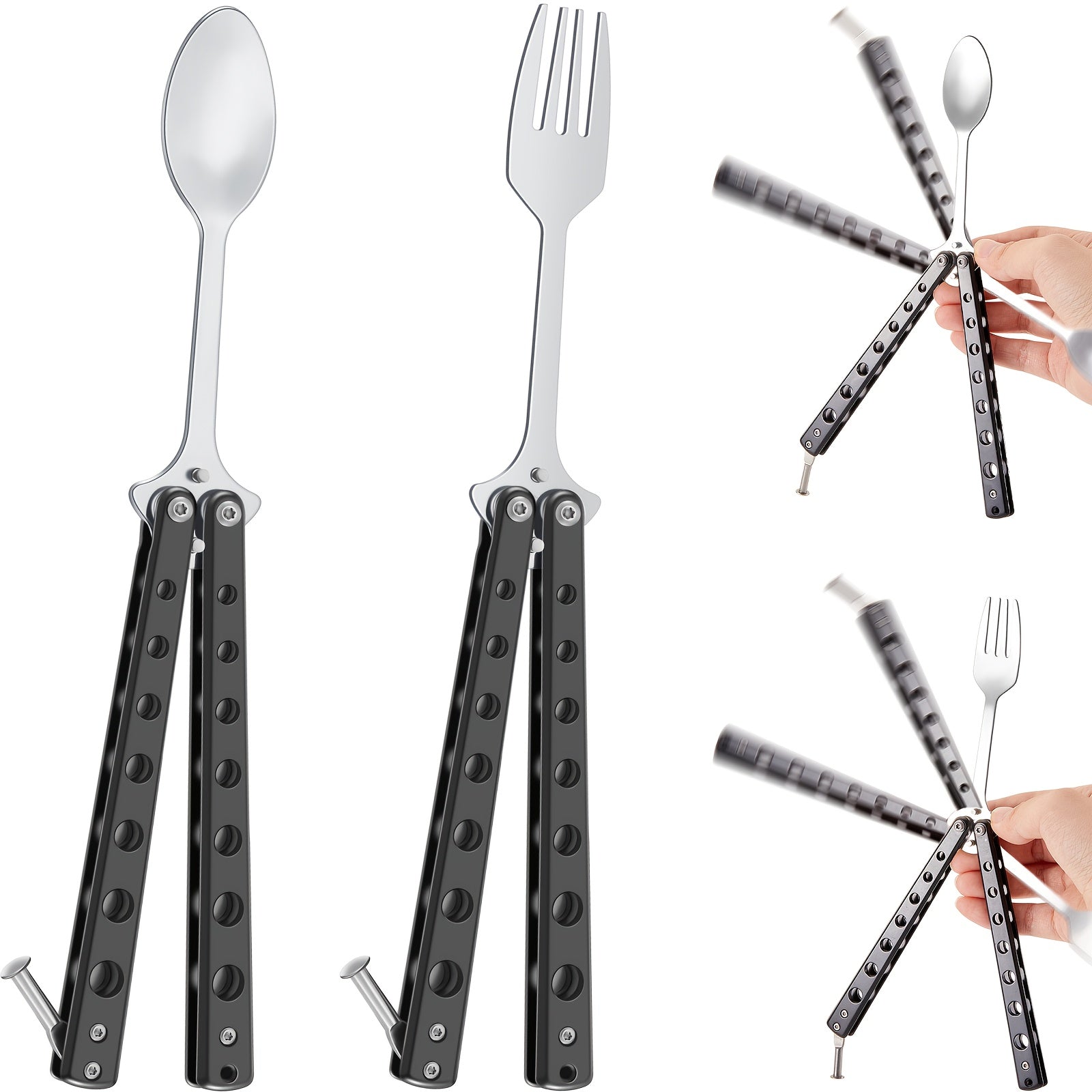 2pcs Tactical Butterfly Fork and Spoon Set - Stainless Steel Folding Utensils with Ergonomic Handles, Compact Travel-Friendly Design for Camping, Hunting, BBQ, Kitchen - Durable & Portable (Black), Camping Essentials, Sleek Metallic Finish, Highquality
