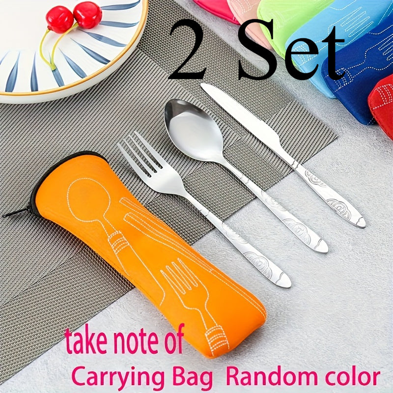 2 Set Stainless Steel Western Steak Knife Spoon Fork Cloth Cloth Bag Portable Outdoor Three Piece Set