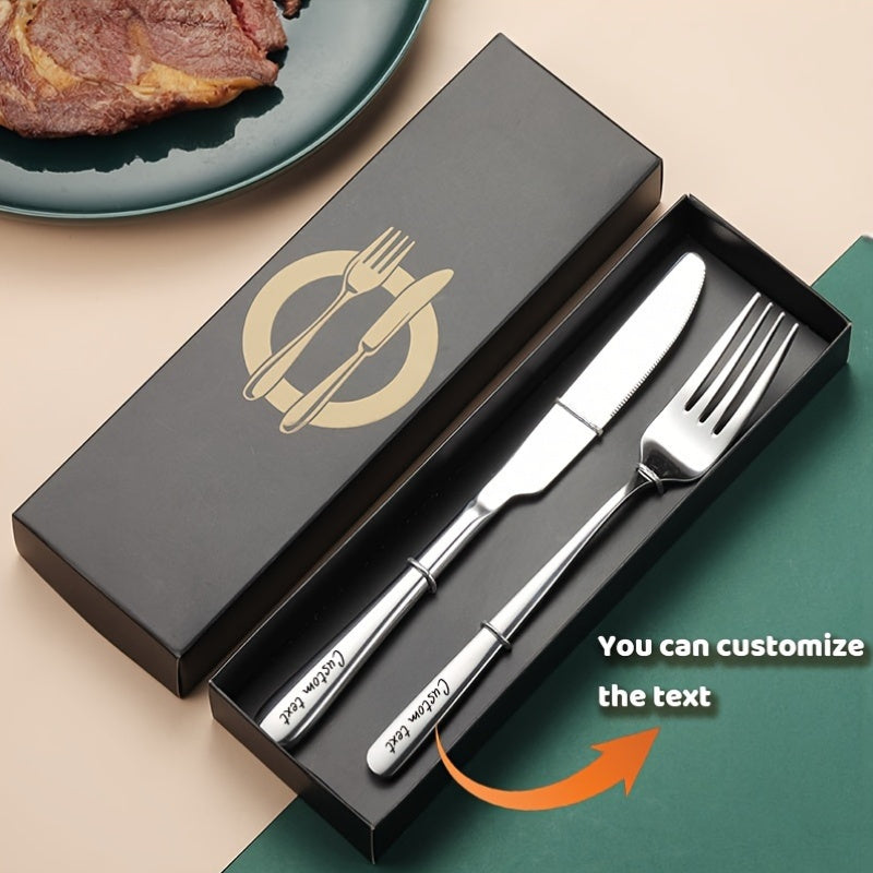 2pcs Customizable Stainless Steel Dinnerware Set - Personalized Engraving, Elegant Black Gift Box with Fork & Knife, Ideal for Special Occasions, Personalized Dinnerware | Elegant Dinnerware | Durable Dinnerware