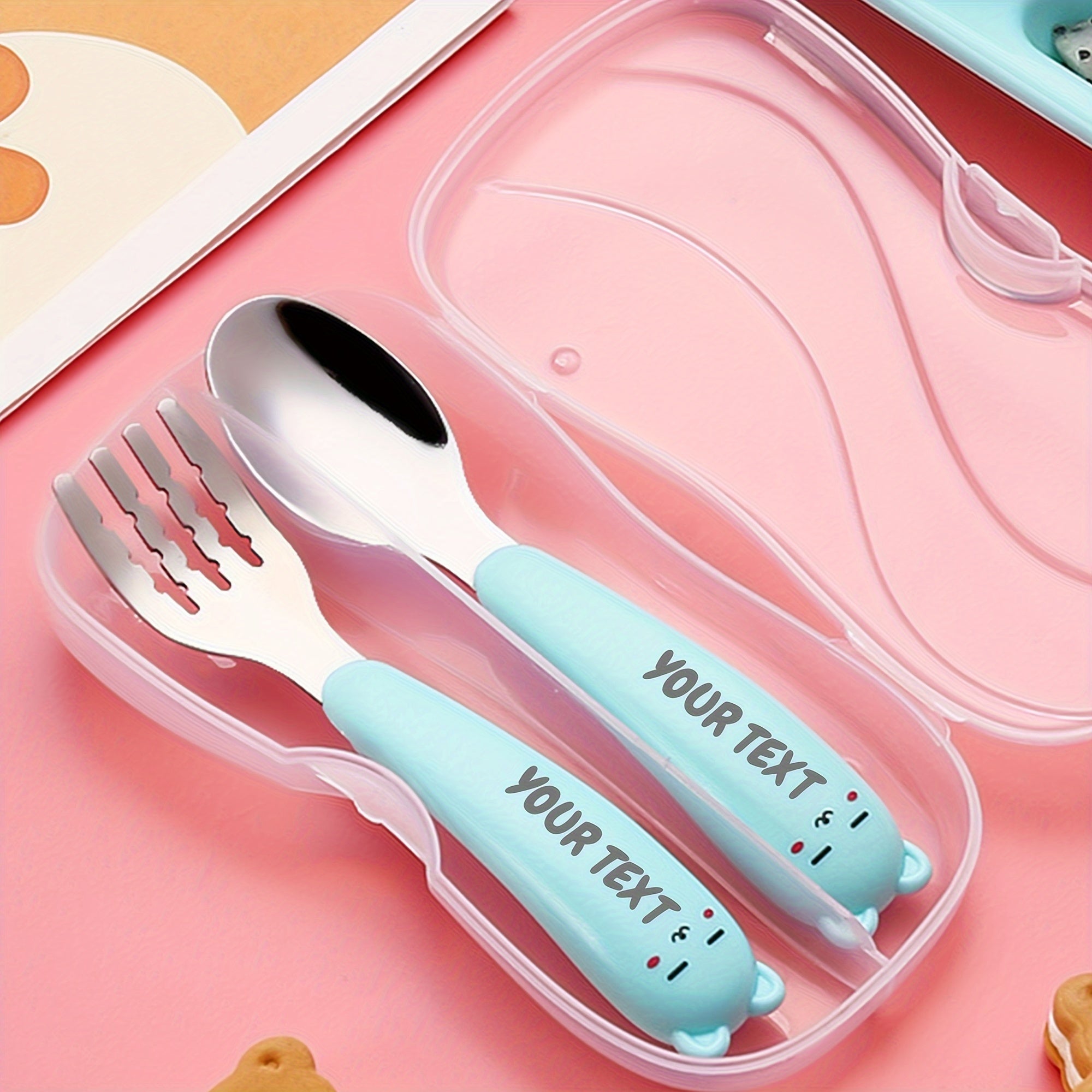 Personalised Engraved Name Stainless Steel Cutlery 2pcs Set Set, Solid Colour with Little Ears, Cute and Simple