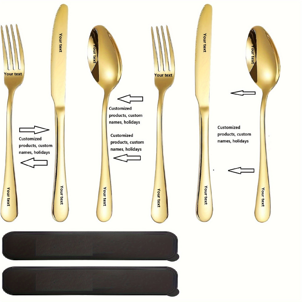 Personalized stainless steel tableware set, customized engraved names, reusable tableware sets for blessings, birthdays, black and Golden, travel silverware set, suitable for home offices, schools, camping