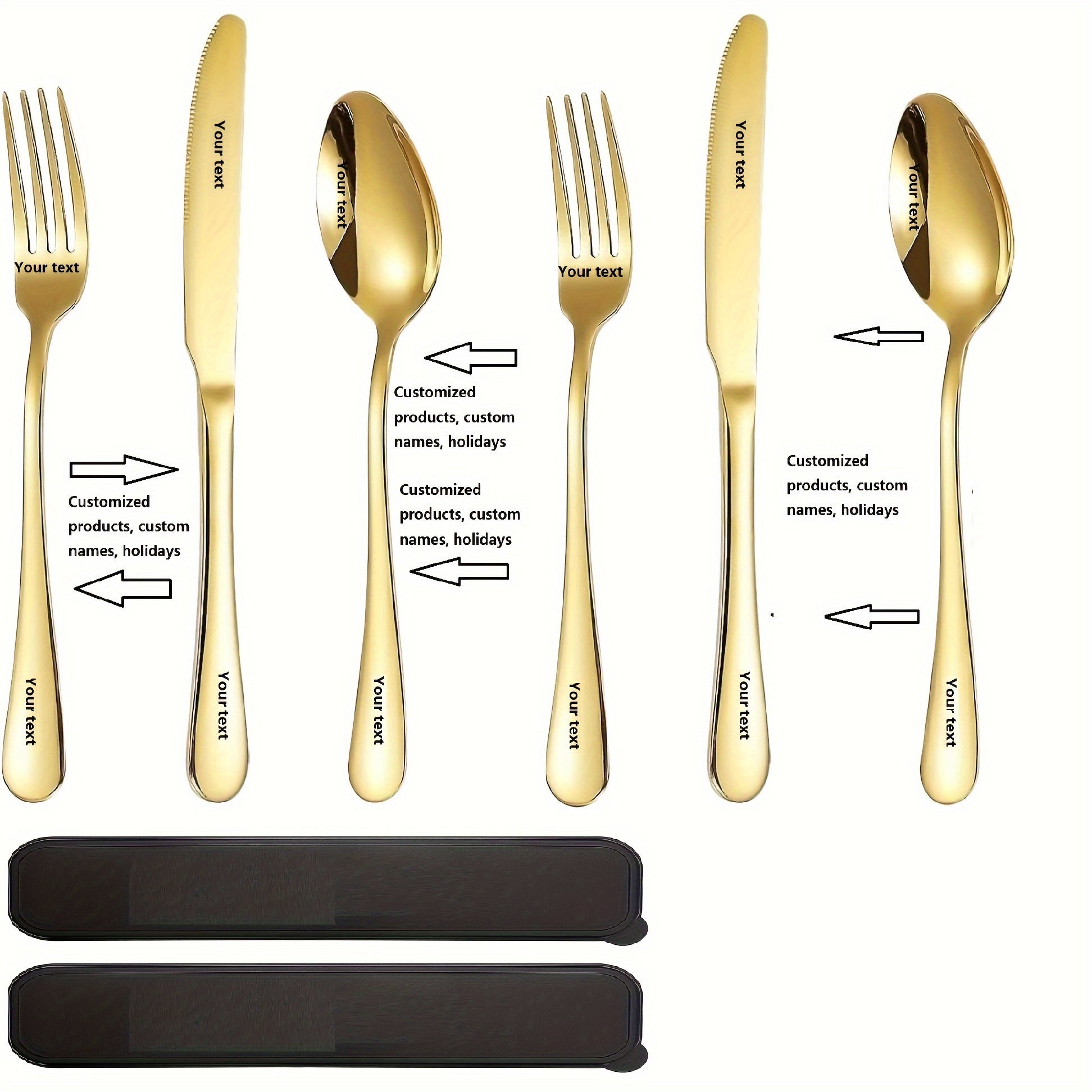 Personalized stainless steel tableware set, customized engraved names, reusable tableware sets for blessings, birthdays, black and Golden, travel silverware set, suitable for home offices, schools, camping