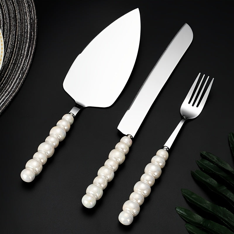 Personalized And Elegant Stainless Steel Cutlery Set with Pearl Ceramic Handle -2/4 Cake Knife, Spatula, Fork Set with Gift Box, Suitable for Kitchen, Home, Restaurant, Hotel - Perfect for Parties, Birthdays, Weddings, Gifting, Golden And Silvery