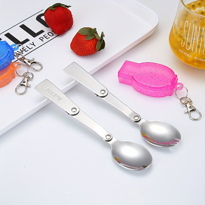 Personalized 304 Stainless Steel Folding Tableware with Keychain - Compact, Portable Fork and Spoon Set, Reusable, Ideal for Outdoor, Camping, Picnic - Blue, Pink, Orange, Camping Essentials|Compact Tableware|Durable Tableware