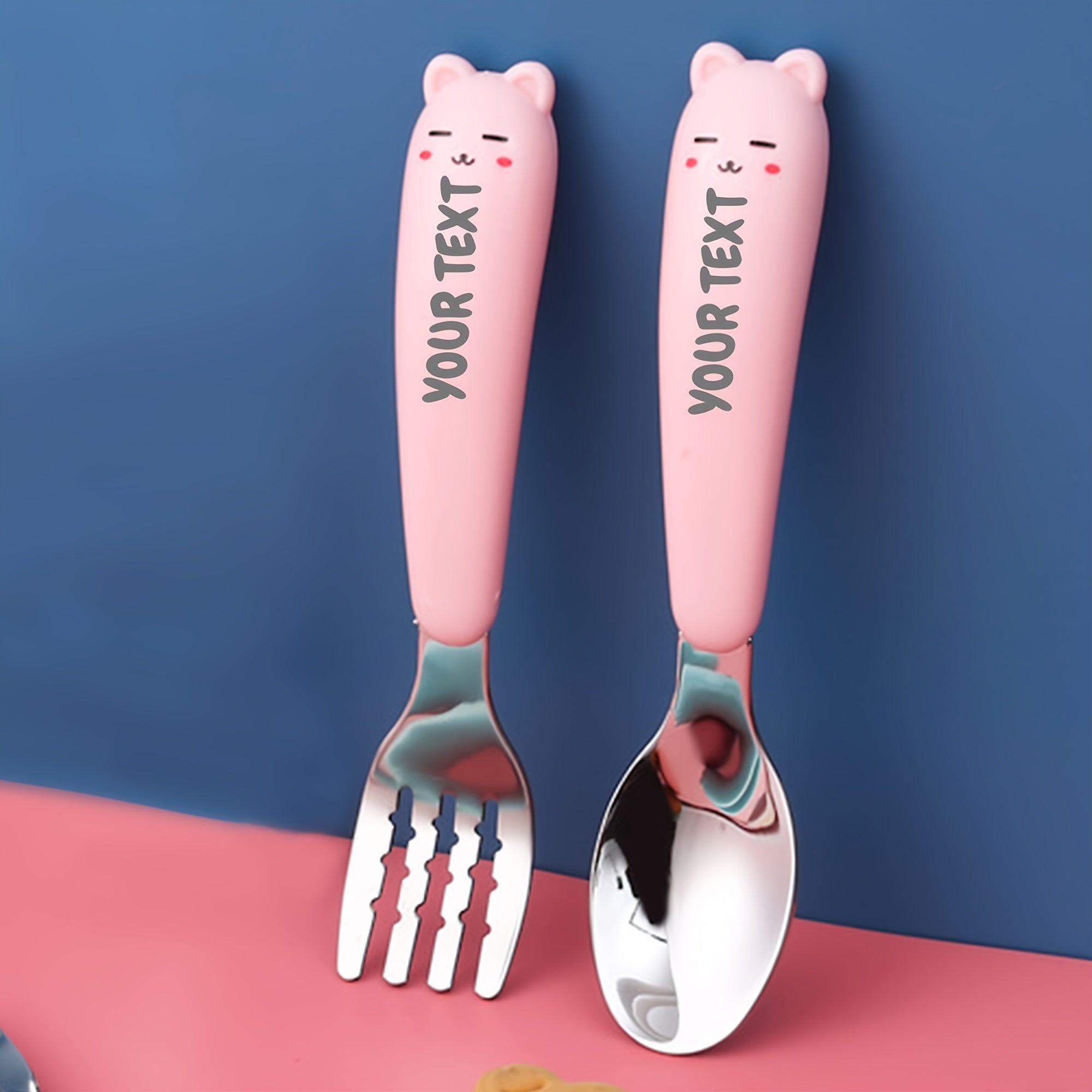 Personalised Engraved Name Stainless Steel Cutlery 2pcs Set Set, Solid Colour with Little Ears, Cute and Simple
