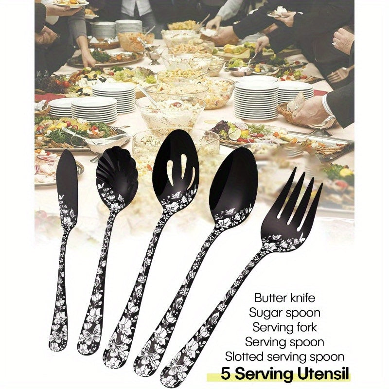 Serving Utensils Set Black 5pcs Large Hostess Set Stainless Steel Flatware Serving Set Ideal for Buffet Catering Party Mirror Polished Dishwasher Safe