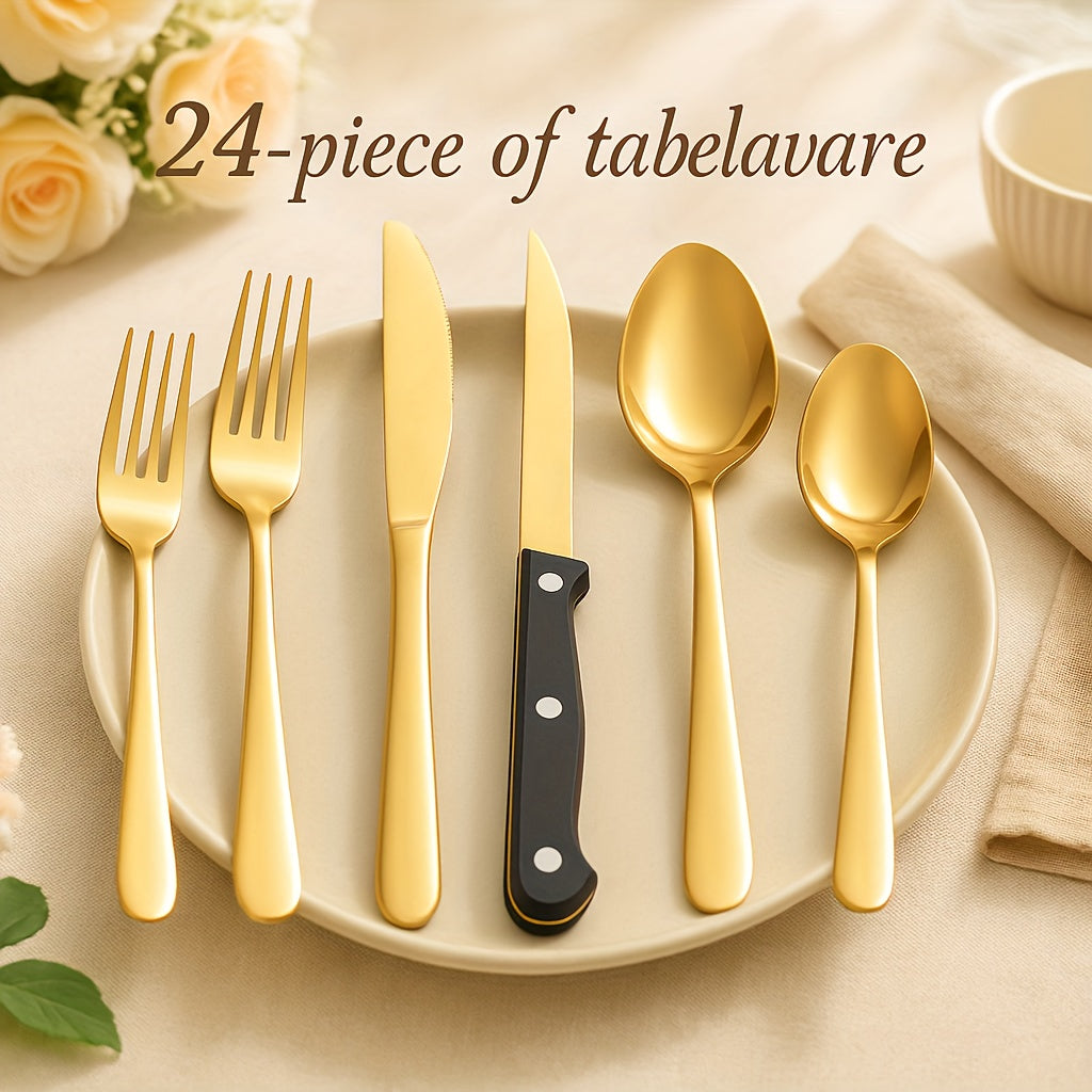 24pcs/48pcs Set Of Golden Stainless Steel Cutlery Set With Steak Knife, Smooth Cutting, Polished Process, Suitable For Restaurants, Hotels, Families, Outdoor Activities, Can Be Used In Dishwashers, Christmas, Father'S Day, Birthday Party Gift