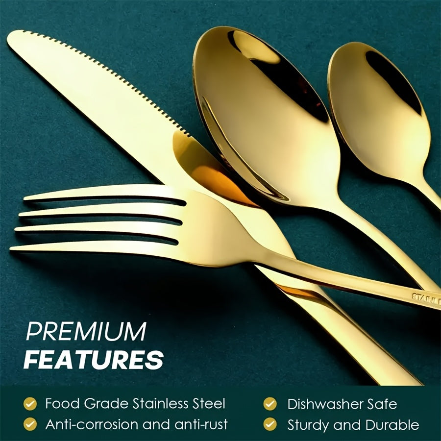 24pcs/48pcs Set Of Golden Stainless Steel Cutlery Set With Steak Knife, Smooth Cutting, Polished Process, Suitable For Restaurants, Hotels, Families, Outdoor Activities, Can Be Used In Dishwashers, Christmas, Father'S Day, Birthday Party Gift