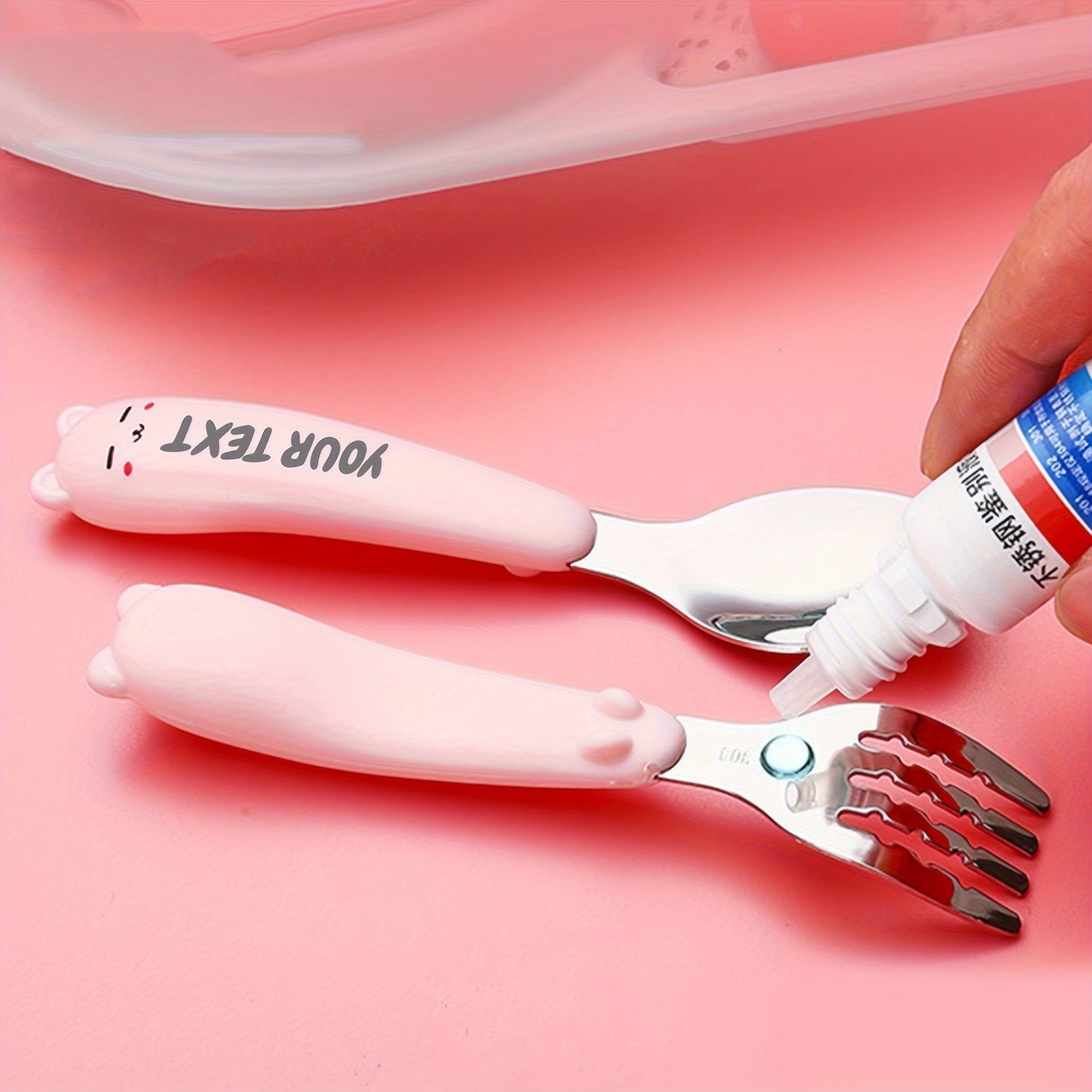 Personalised Engraved Name Stainless Steel Cutlery 2pcs Set Set, Solid Colour with Little Ears, Cute and Simple