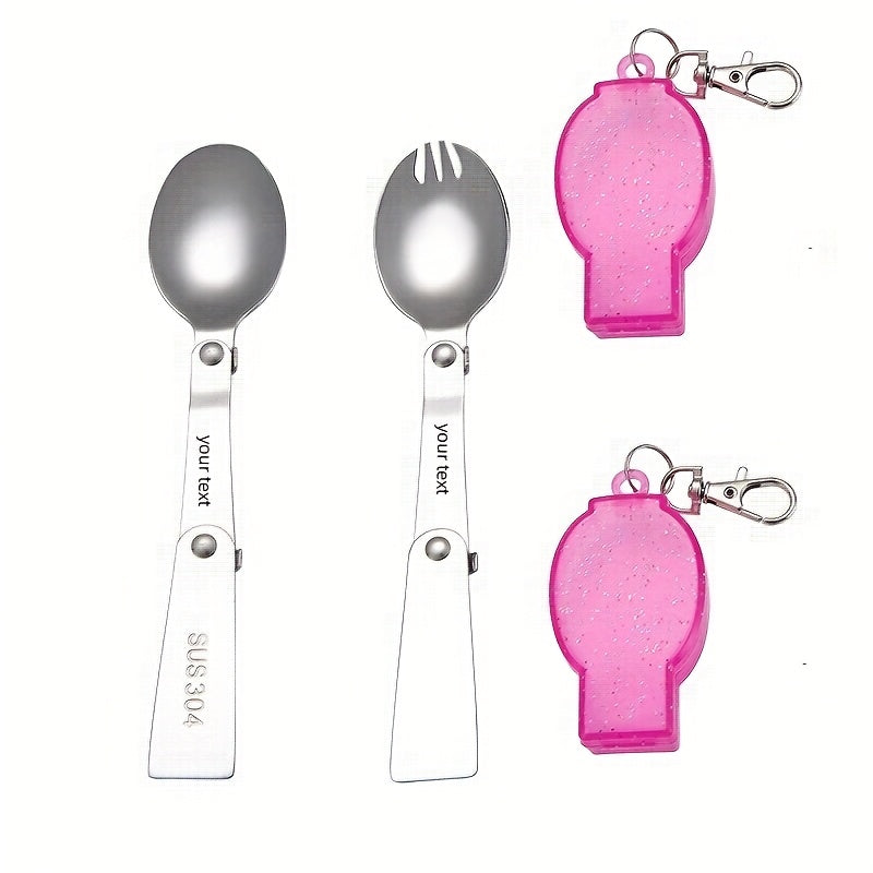 Personalized 304 Stainless Steel Folding Tableware with Keychain - Compact, Portable Fork and Spoon Set, Reusable, Ideal for Outdoor, Camping, Picnic - Blue, Pink, Orange, Camping Essentials|Compact Tableware|Durable Tableware